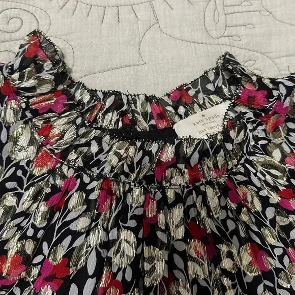 Kate Spade Large Floral Park Silk Sleeveless Ruffle Top Metallic Clip Dot - Picture 8 of 13